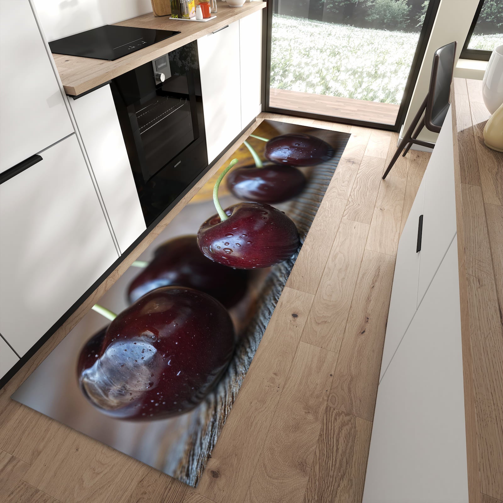 Farbbeständiger Küchenläufer mit Motiv Frische Kirschen in moderner Küche zum Waschen