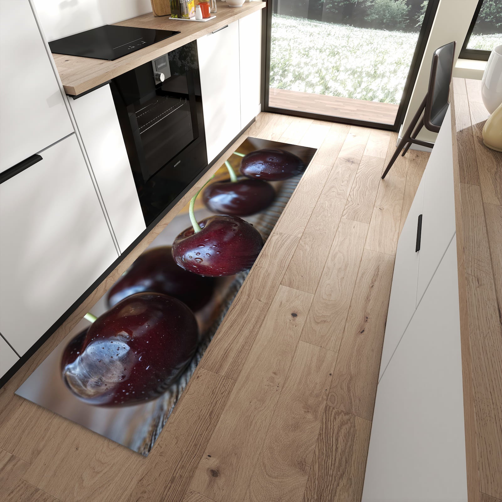 Rutschfester Küchenläufer mit Motiv Frische Kirschen in moderner Küche