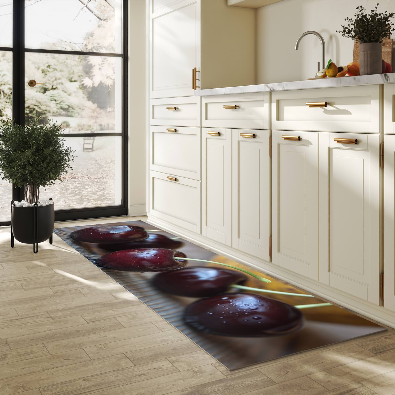 Komfortabler moderner Küchenläufer mit Motiv Frische Kirschen in heller Küche