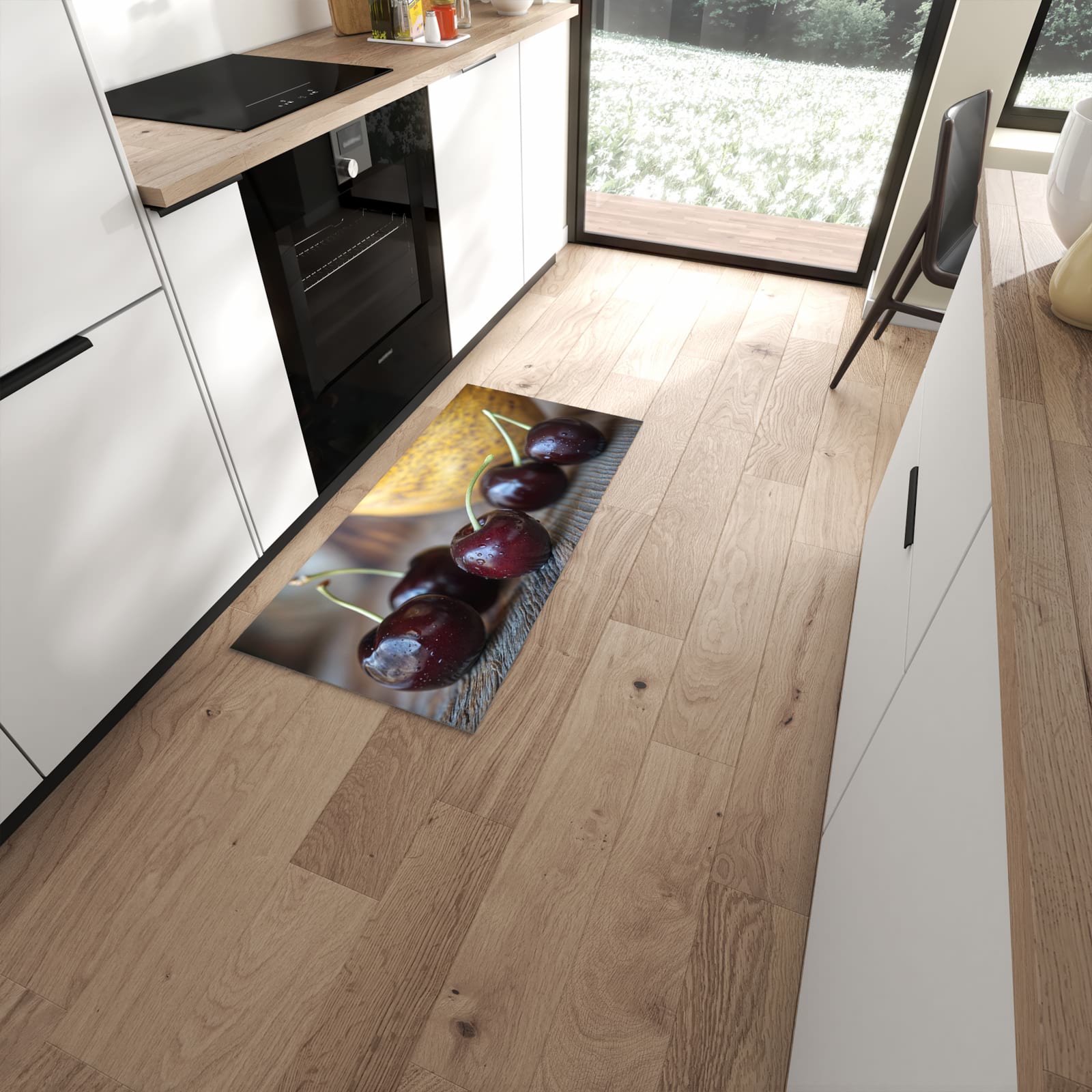 Strapazierfähiger Küchenläufer mit Motiv Frische Kirschen in moderner Küche #grösse_60 x 120 cm