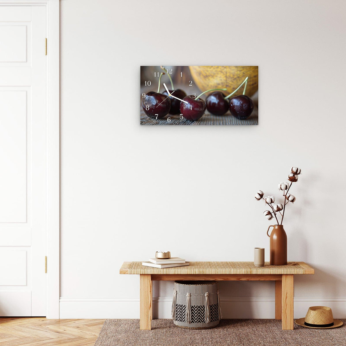 Moderne Wanduhr aus Glas mit Farbtiefe – Wanduhr Süße Kirschen aus Glas – Querformat 60 × 30 cm