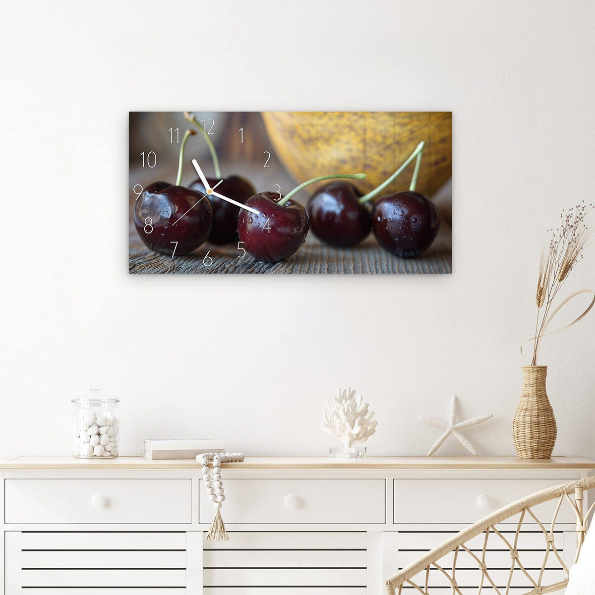 Wanduhr Süße Kirschen aus Glas – Querformat 60 × 30 cm – Glänzende Kirschen mit Wassertropfen