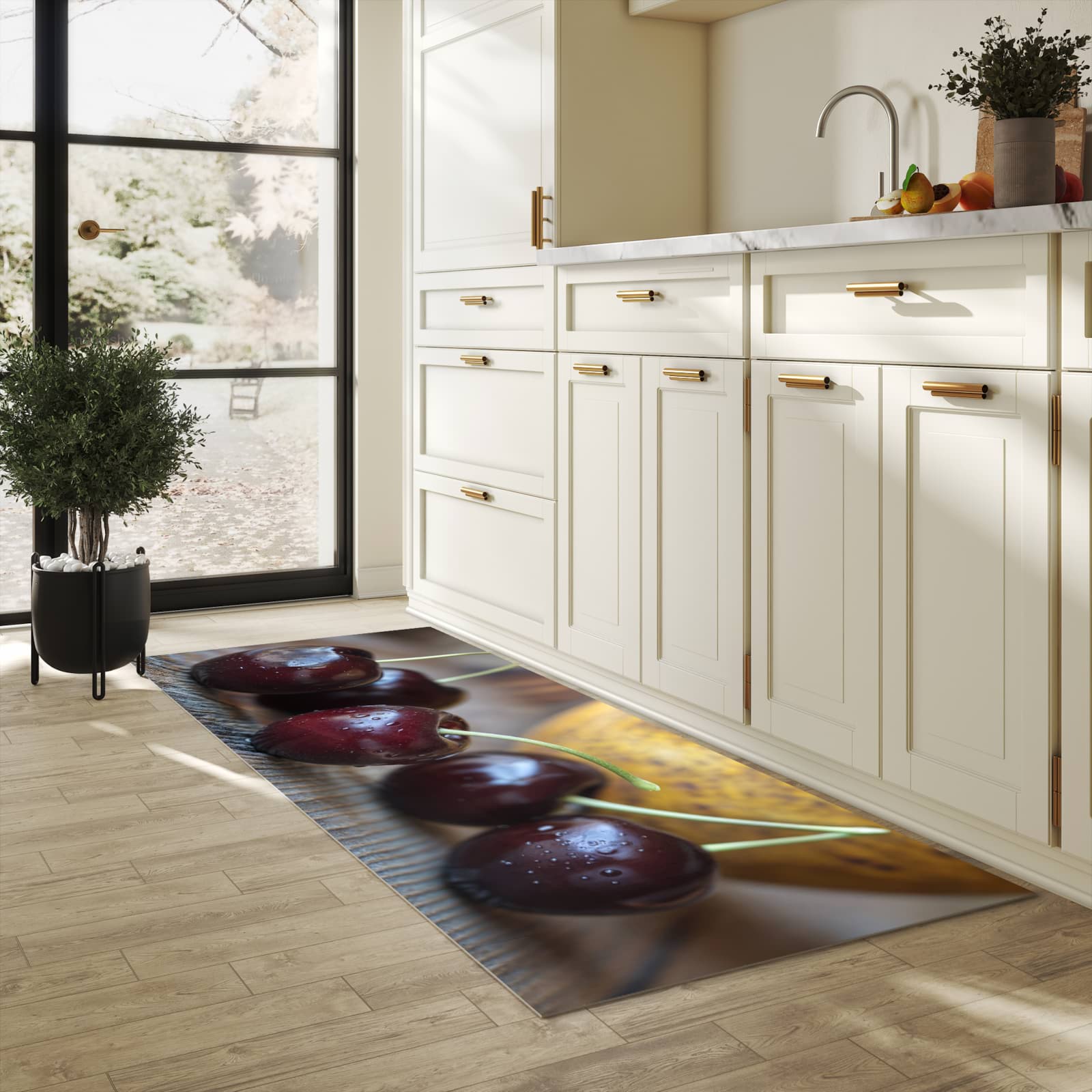 Komfortabler Küchenläufer mit Motiv Frische Kirschen in heller Küche