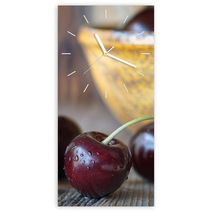Wanduhr Süße Kirschen aus Glas – Hochformat 30 × 60 cm mit Ziffernblatt Linie