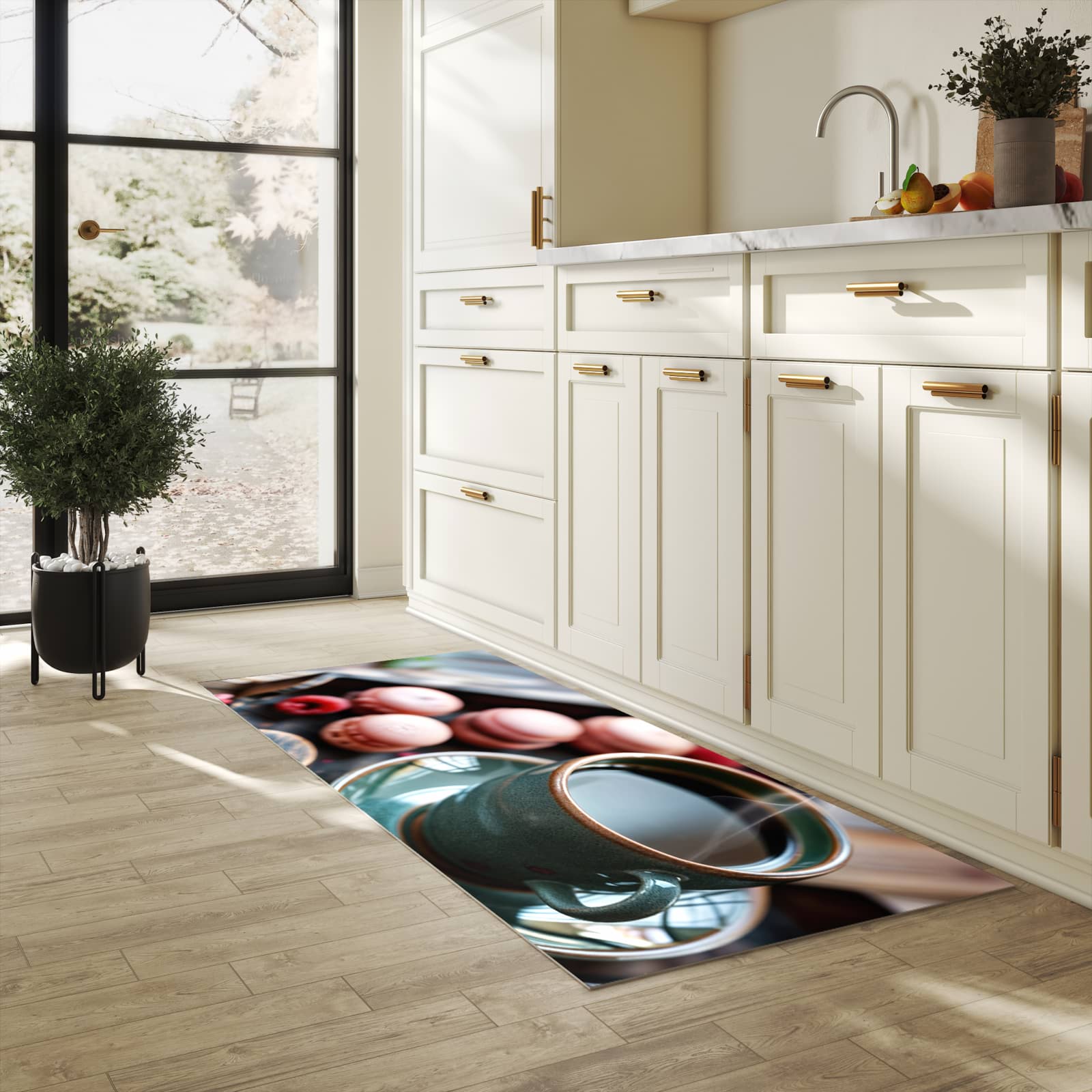 Rutschfester Küchenteppich mit Motiv Kaffeepause Macarons in heller Küche für sicheren Stand