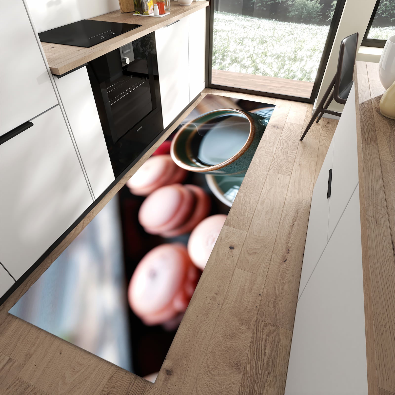 Rutschfester Küchenteppich mit Motiv Kaffeepause Macarons in moderner Küche