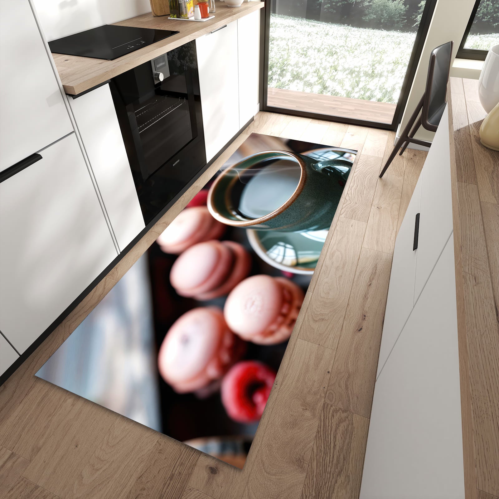 Hygienischer Küchenläufer mit Motiv Kaffeepause Macarons in moderner Küche