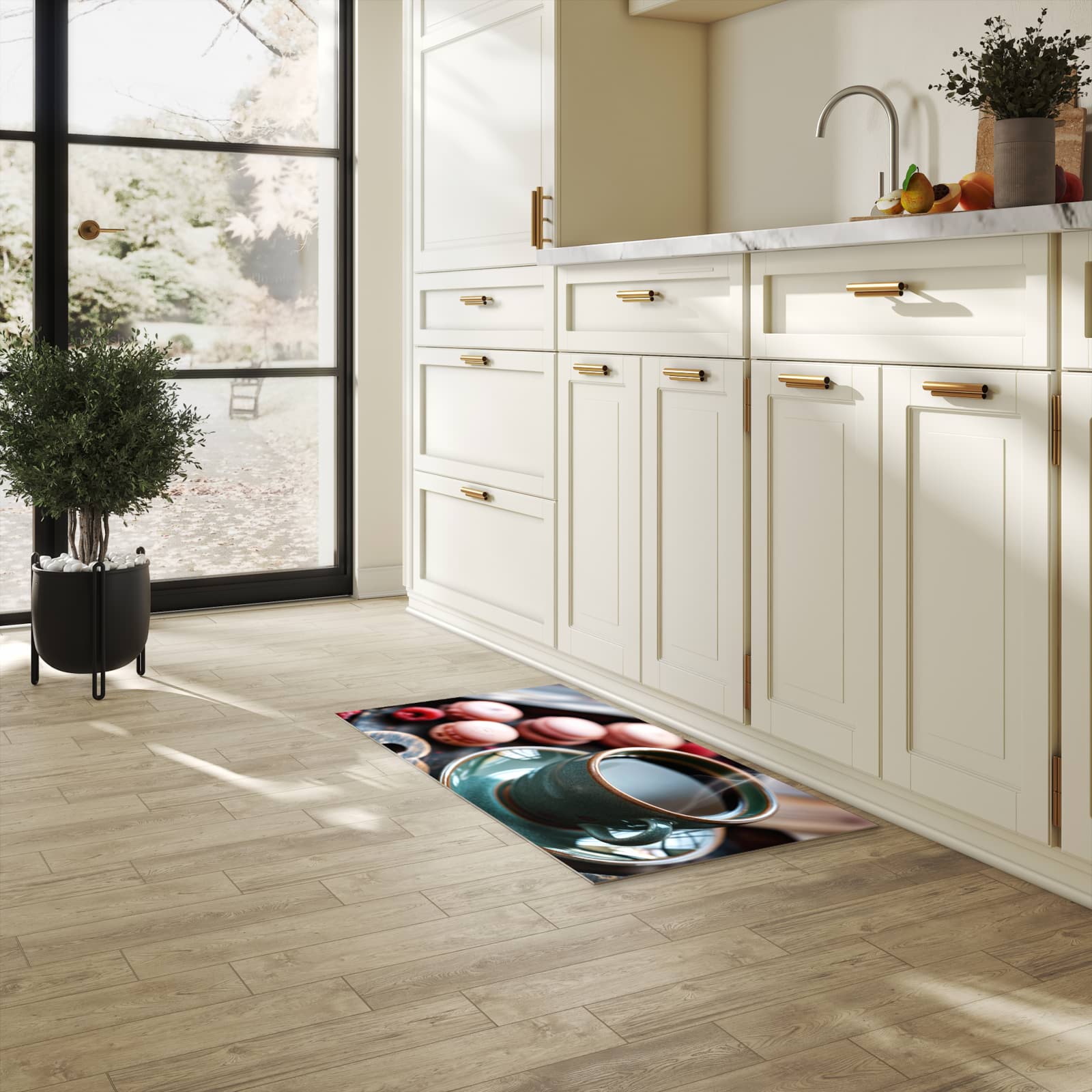 Rutschfester Küchenteppich mit Motiv Kaffeepause Macarons in heller Küche