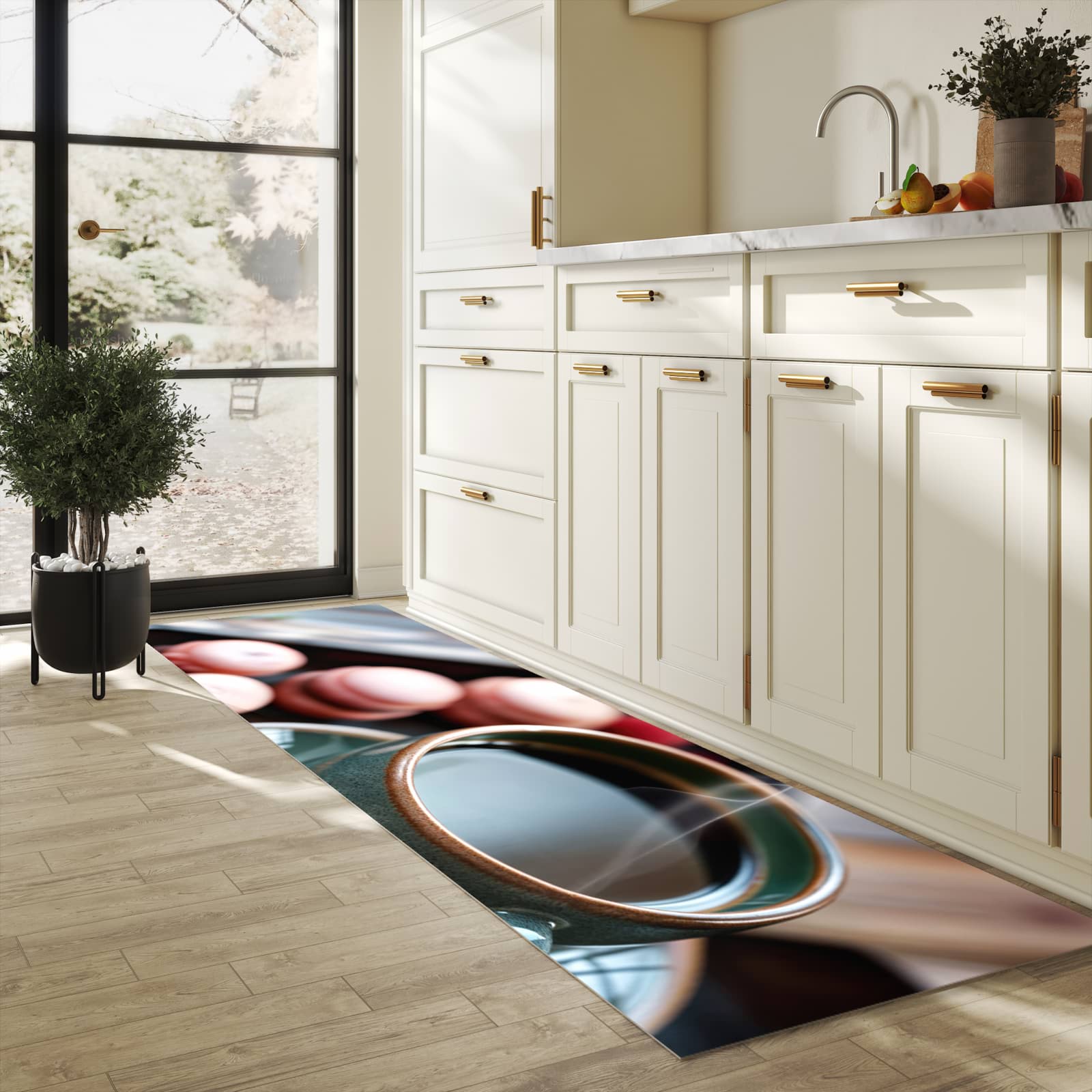 Abriebfester Küchenläufer mit Motiv Kaffeepause Macarons in heller Küche