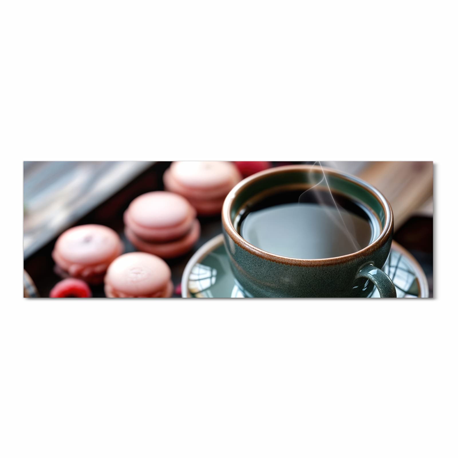 Pflegeleichter Küchenläufer mit Motiv Kaffeepause Macarons in Frontansicht, rutschfest