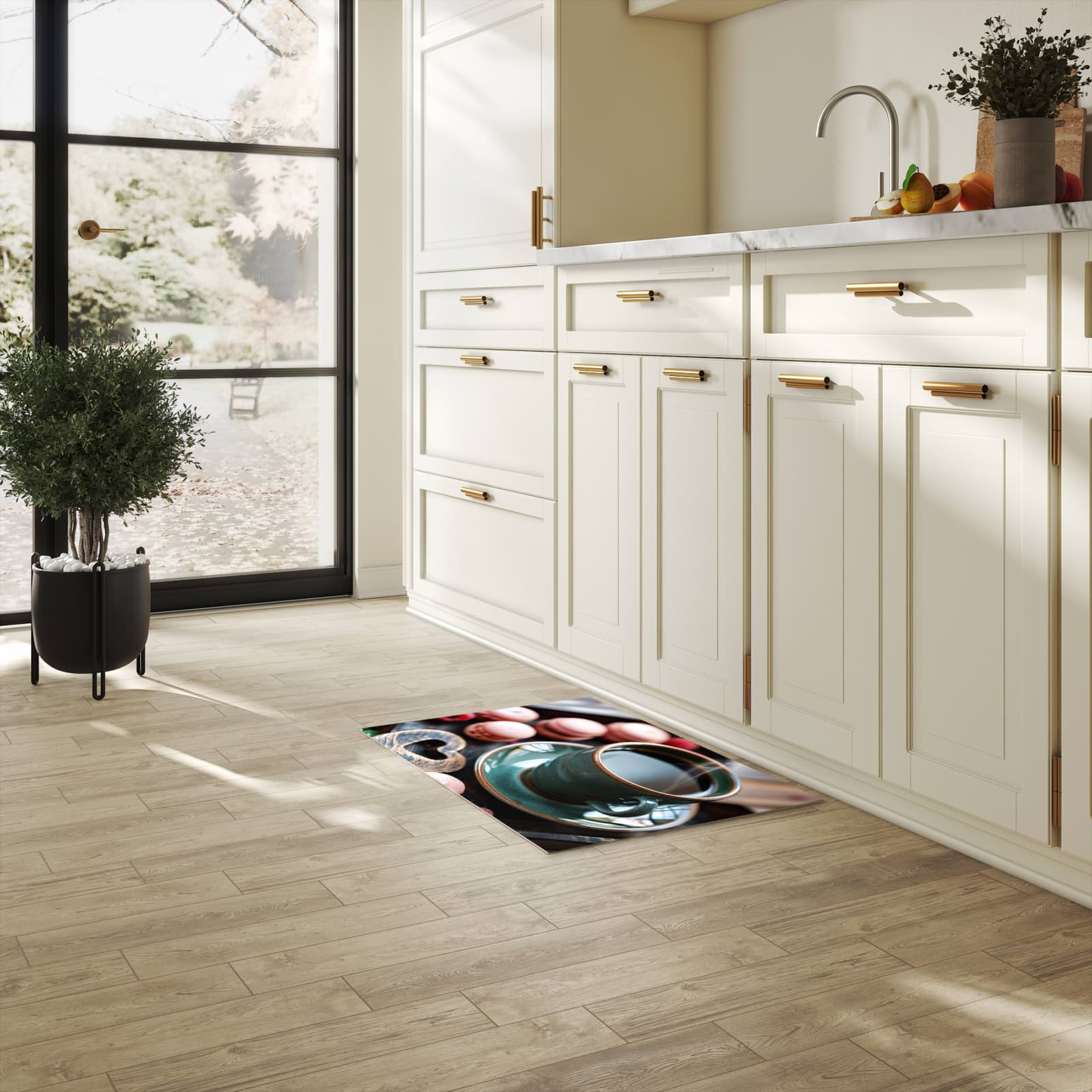 Formstabiler großer Küchenteppich mit Motiv Kaffeepause Macarons in heller Küche