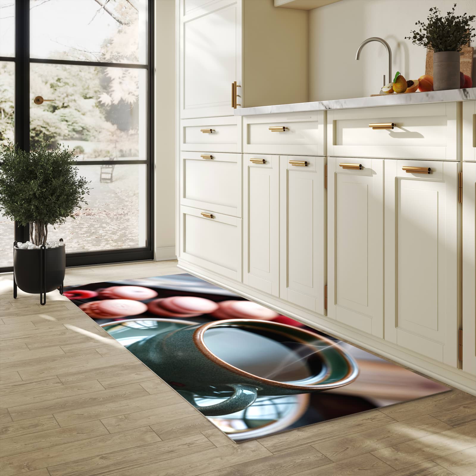 Rutschfester Küchenläufer mit Motiv Kaffeepause Macarons für Trittkomfort in heller Küche