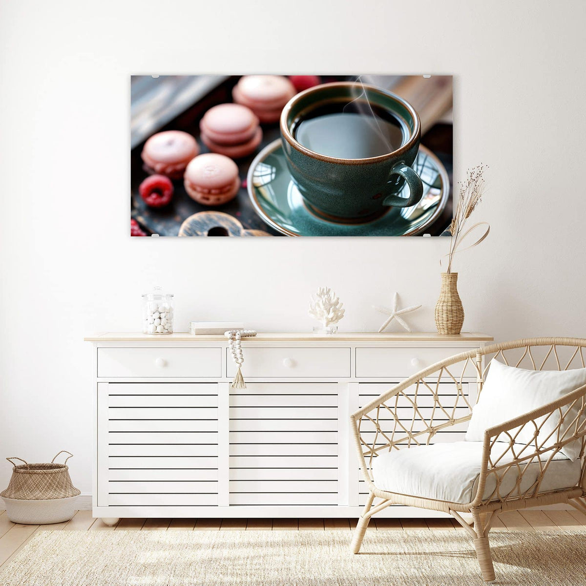 Echtglas, 4 mm – kein Acryl, keine Folie – Wandbild - Kaffee mit Macarons - Querformat