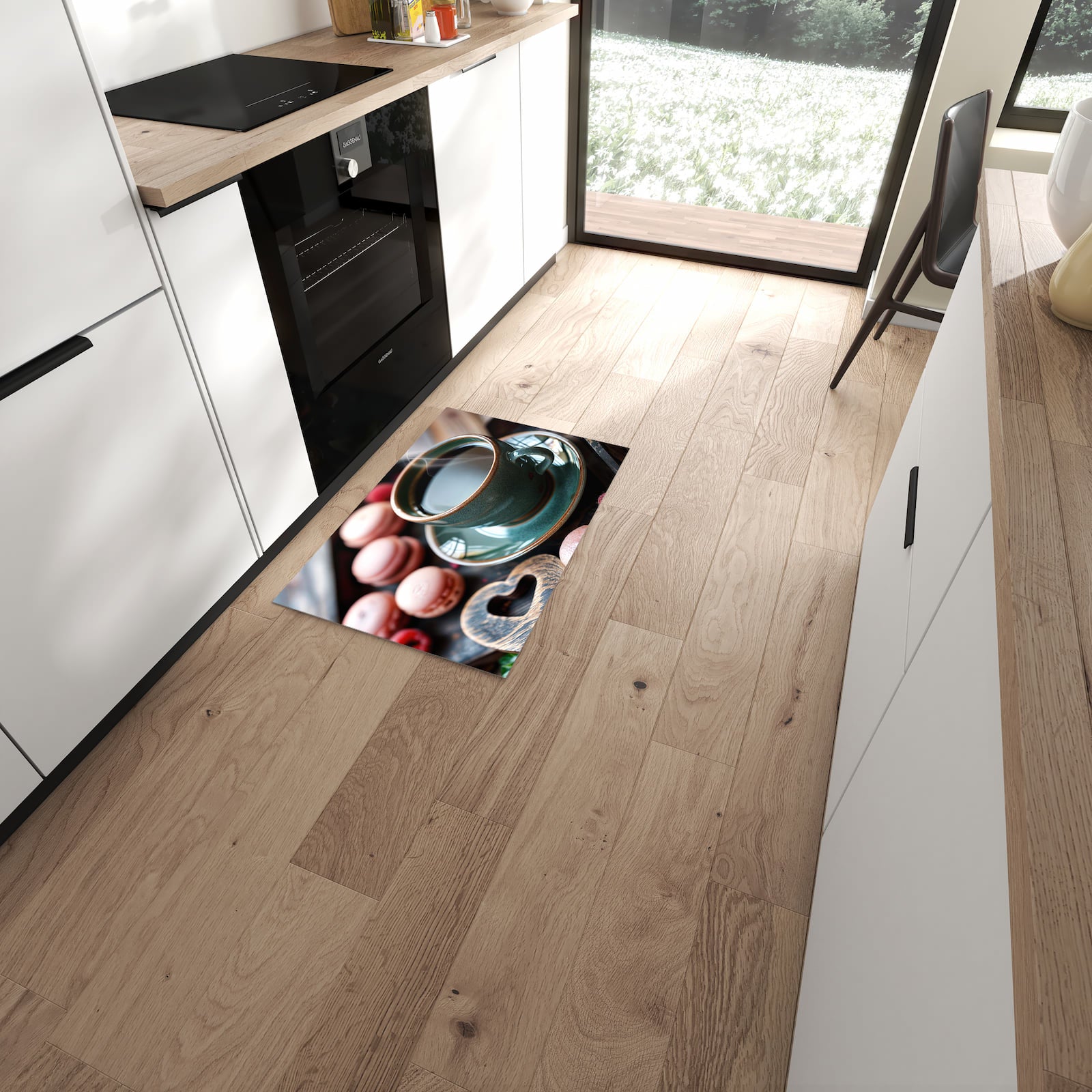 Flacher Küchenteppich mit Motiv Kaffeepause Macarons in moderner Küche - waschbar