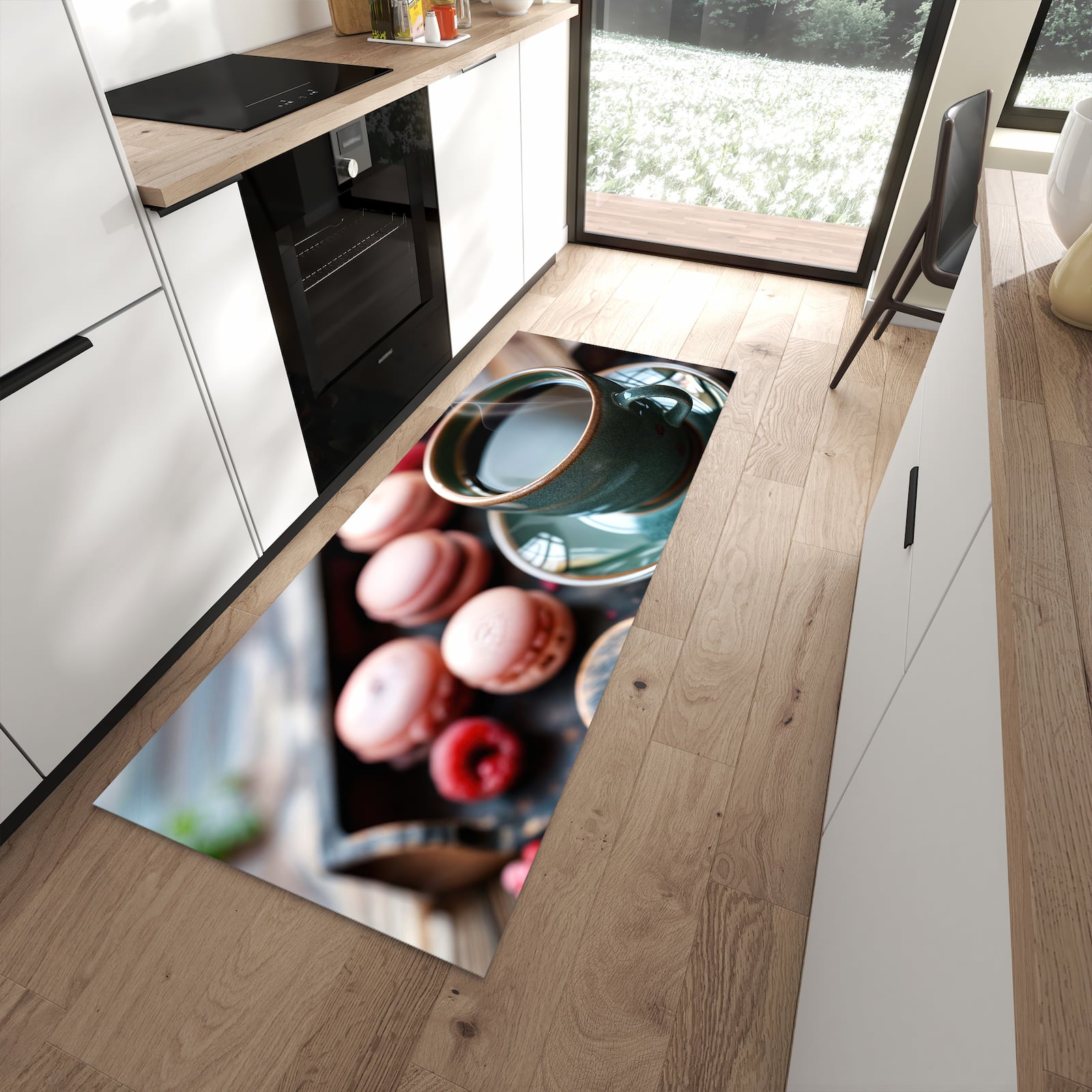 Pflegeleichter waschbarer Küchenteppich mit Motiv Kaffeepause Macarons in moderner Küche