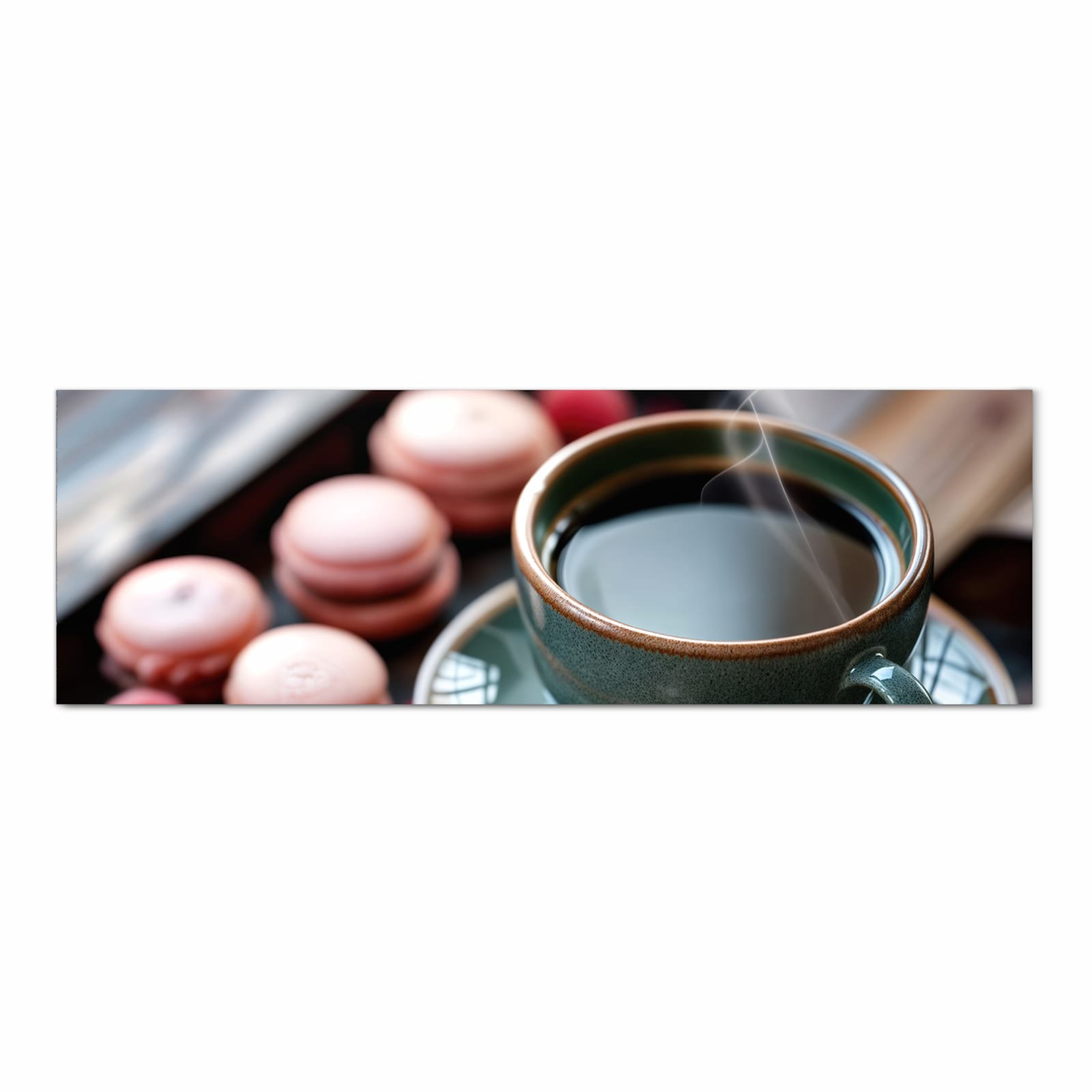 Langlebiger Küchenläufer mit Motiv Kaffeepause Macarons in Frontansicht für moderne Küchen