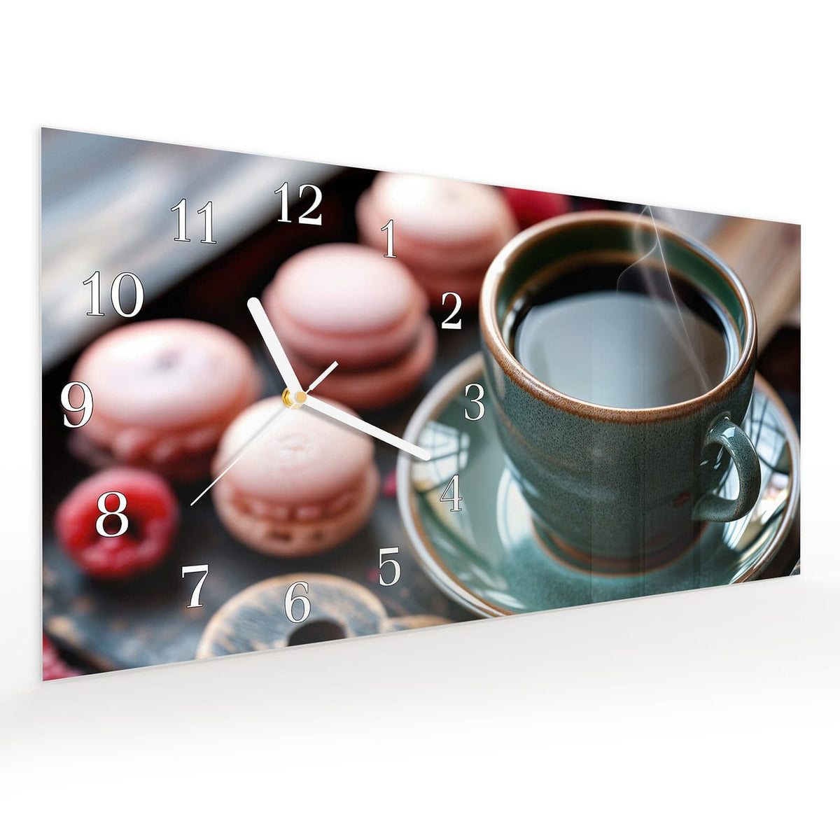 Vormontiert – mit Schwebeeffekt – Wanduhr Kaffeepause Macarons aus Glas – Querformat 60 × 30 cm