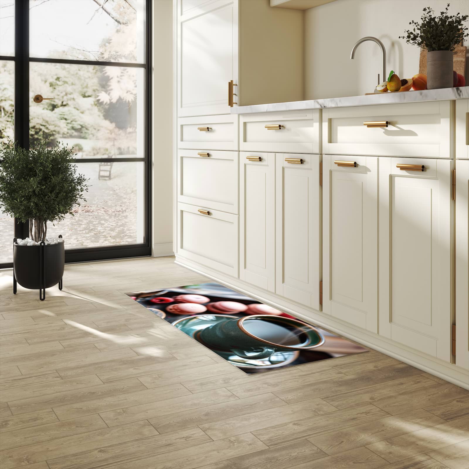 Feuchtigkeitsresistenter Küchenteppich mit Motiv Kaffeepause Macarons in heller Küche