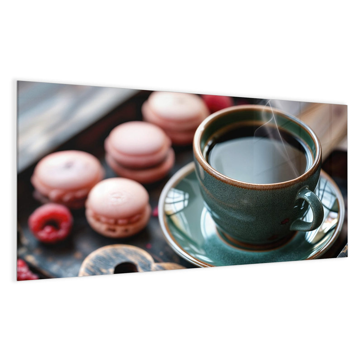 Grüne Steinguttasse mit schwarzem Kaffee, rosa Macarons, Himbeeren und Holzherz