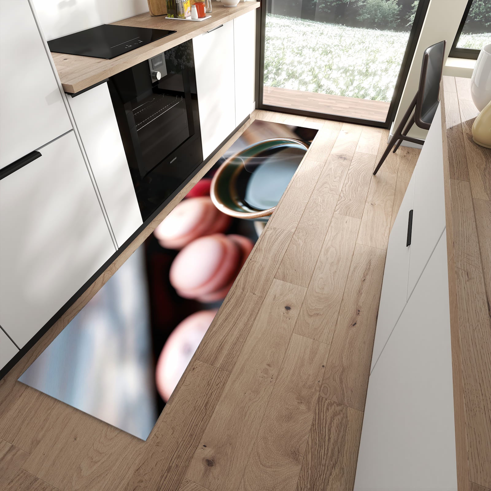 Geruchsneutraler rutschfester Küchenteppich mit Motiv Kaffeepause Macarons in moderner Küche