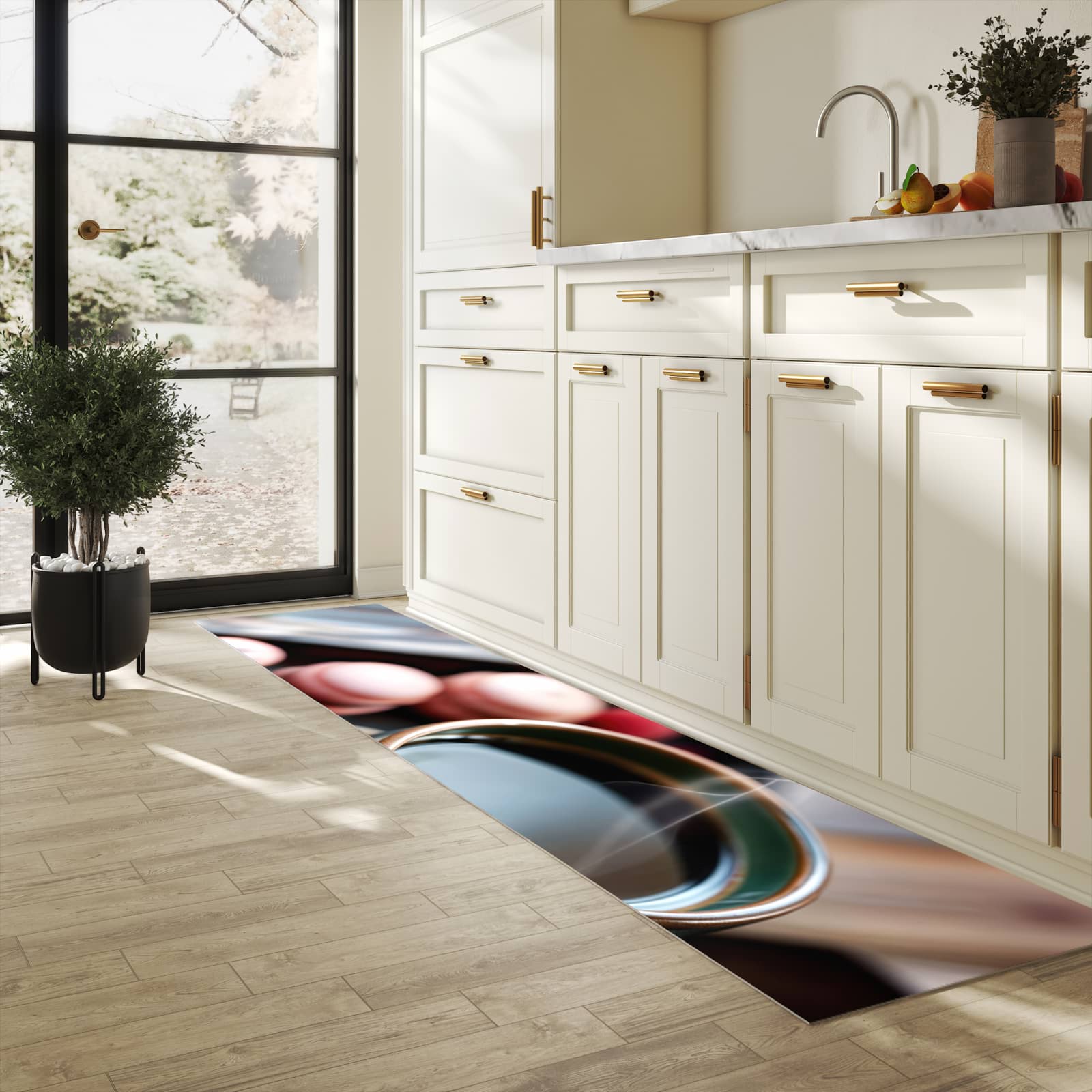 Farbbeständiger waschbarer Küchenteppich mit Motiv Kaffeepause Macarons in heller Küche