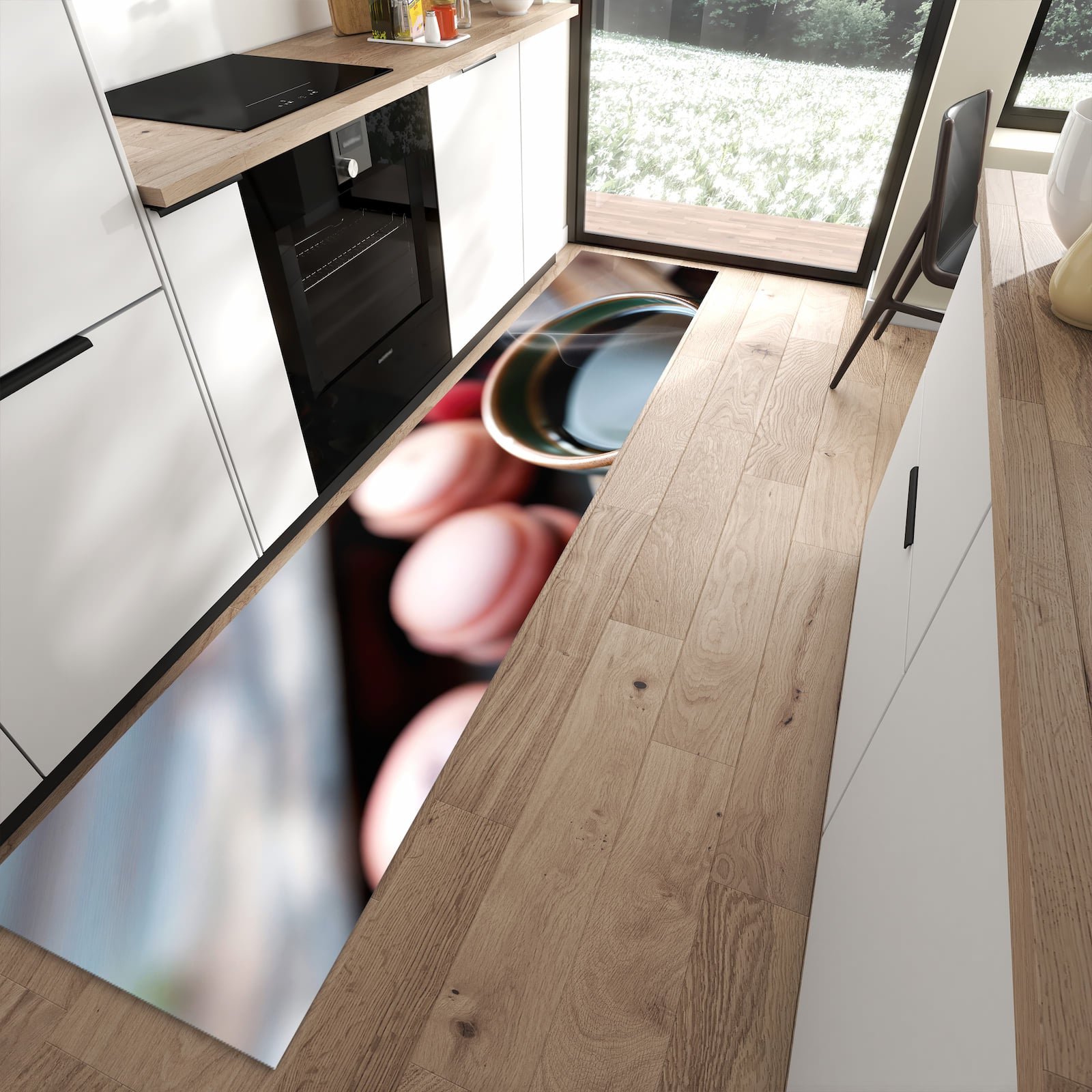 Langlebiger Küchenteppich mit Motiv Kaffeepause Macarons in moderner Küche