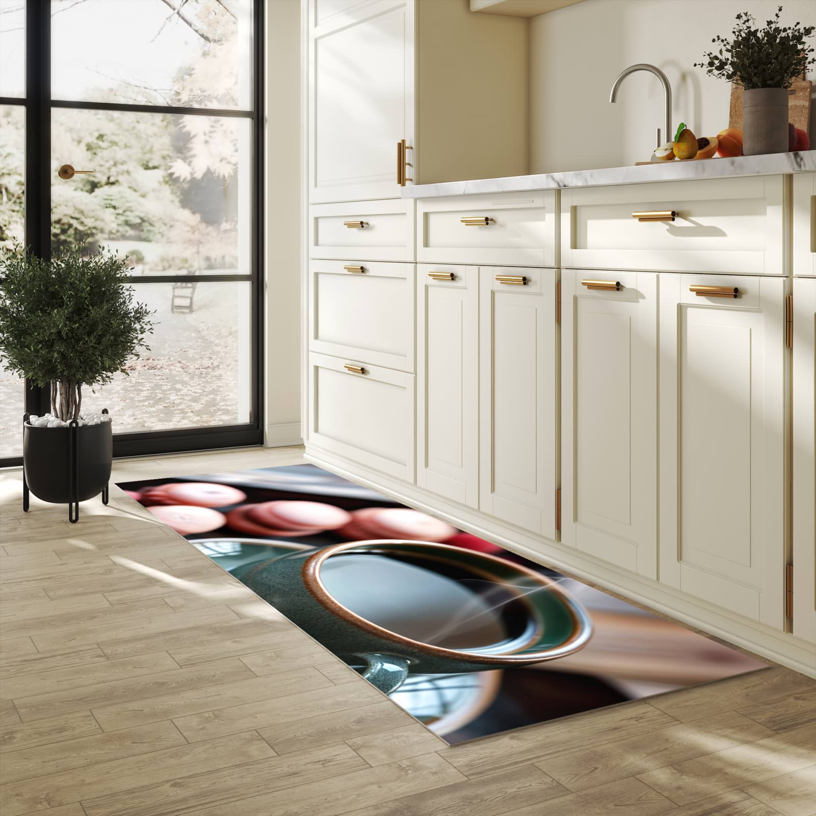 Zeitsparender waschbarer Küchenteppich mit Motiv Kaffeepause Macarons in heller Küche