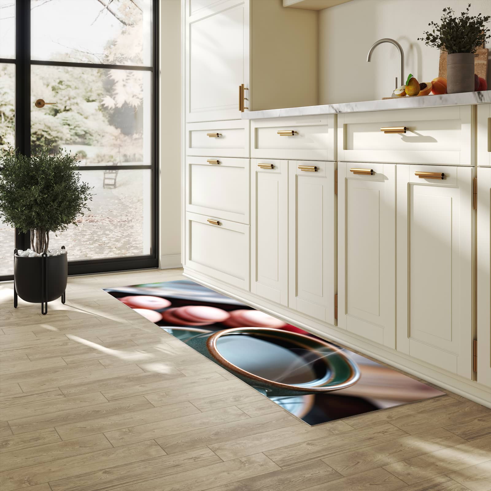 Küchenteppich mit Motiv Kaffeepause Macarons für Ordnung in heller Küche