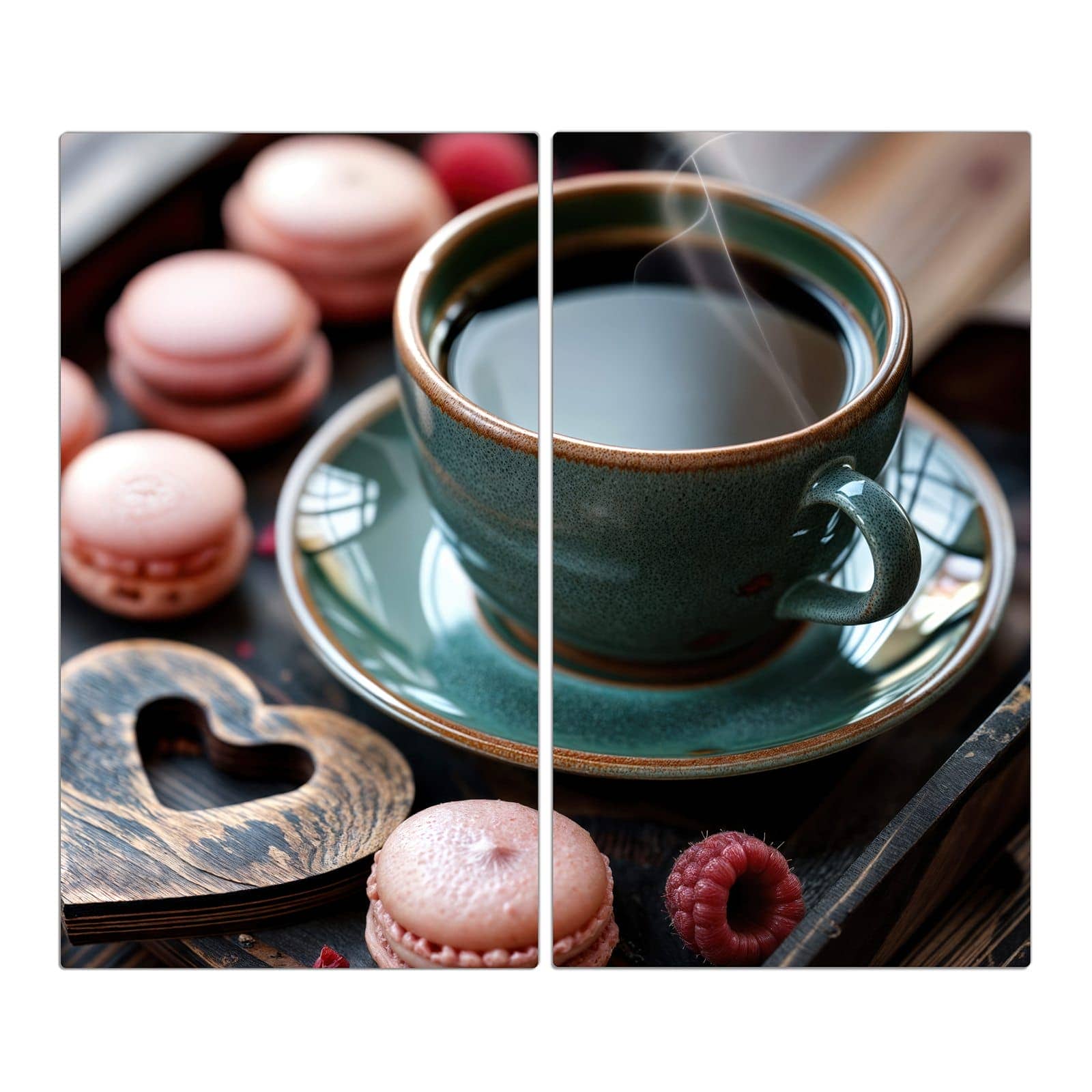 2-teilige Herdabdeckplatte mit Kaffeepause Macarons-Motiv in der Frontansicht