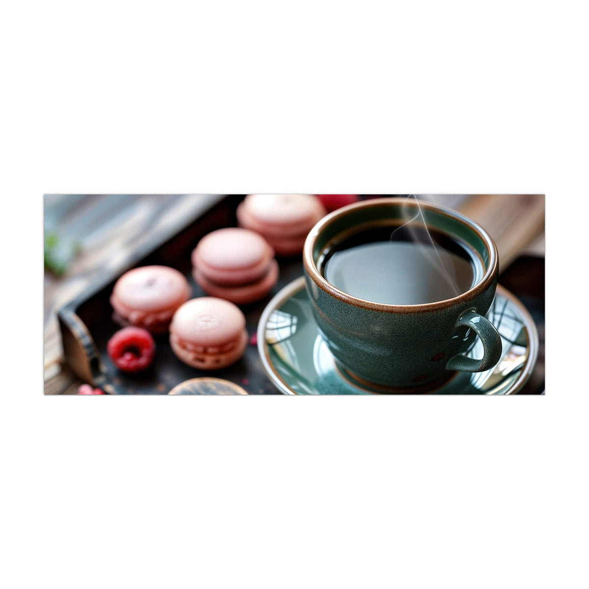 Küchenrückwand aus Glas Kaffee mit Macarons im Hochformat, Motiv bildfüllend von vorn
