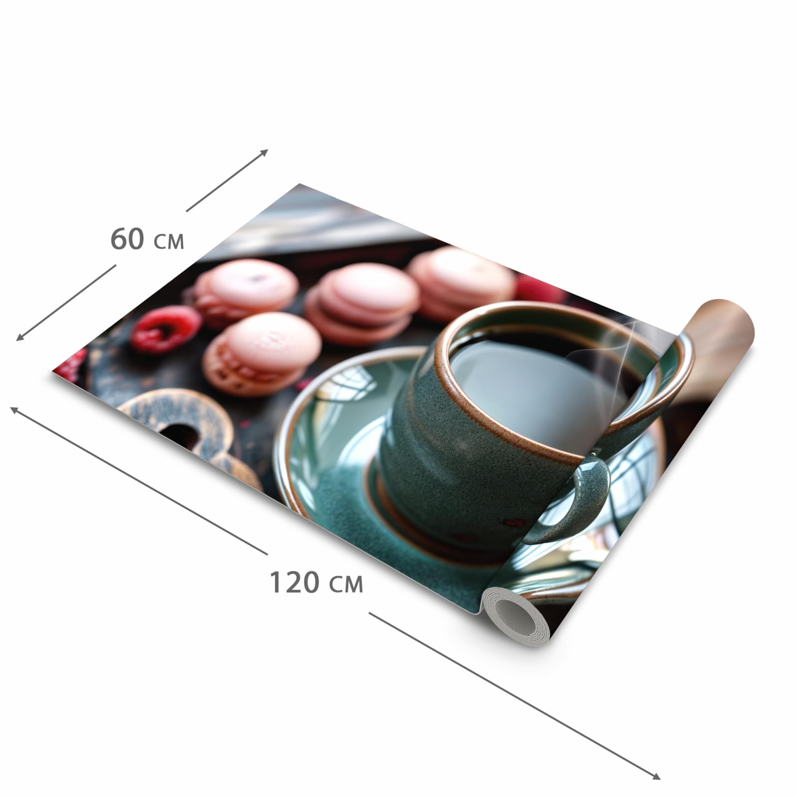 Langlebiger waschbarer Teppich mit Motiv Kaffeepause Macarons in der Grösse 60x90 cm