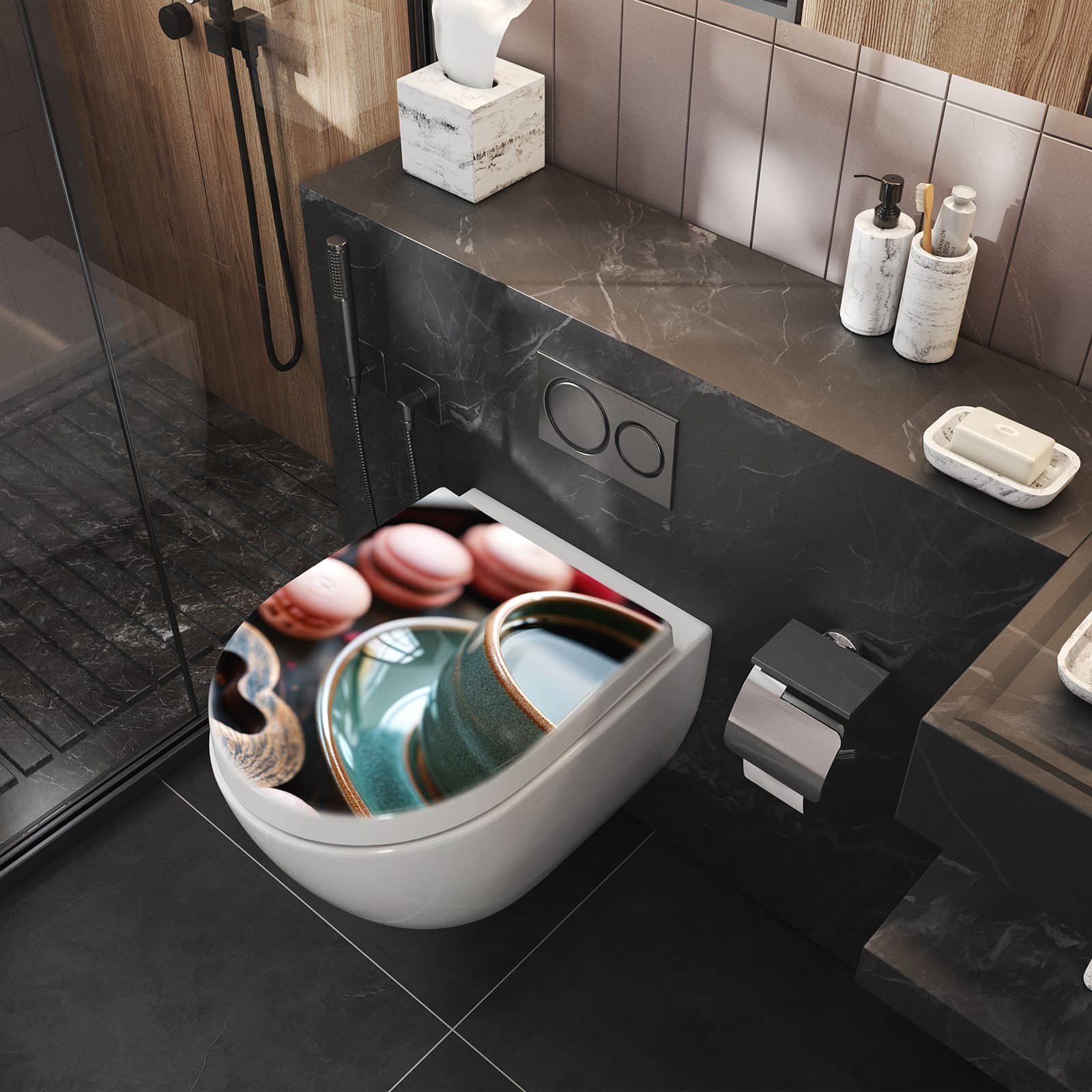 WC-Sitz mit Absenkautomatik Kaffeepause Macarons