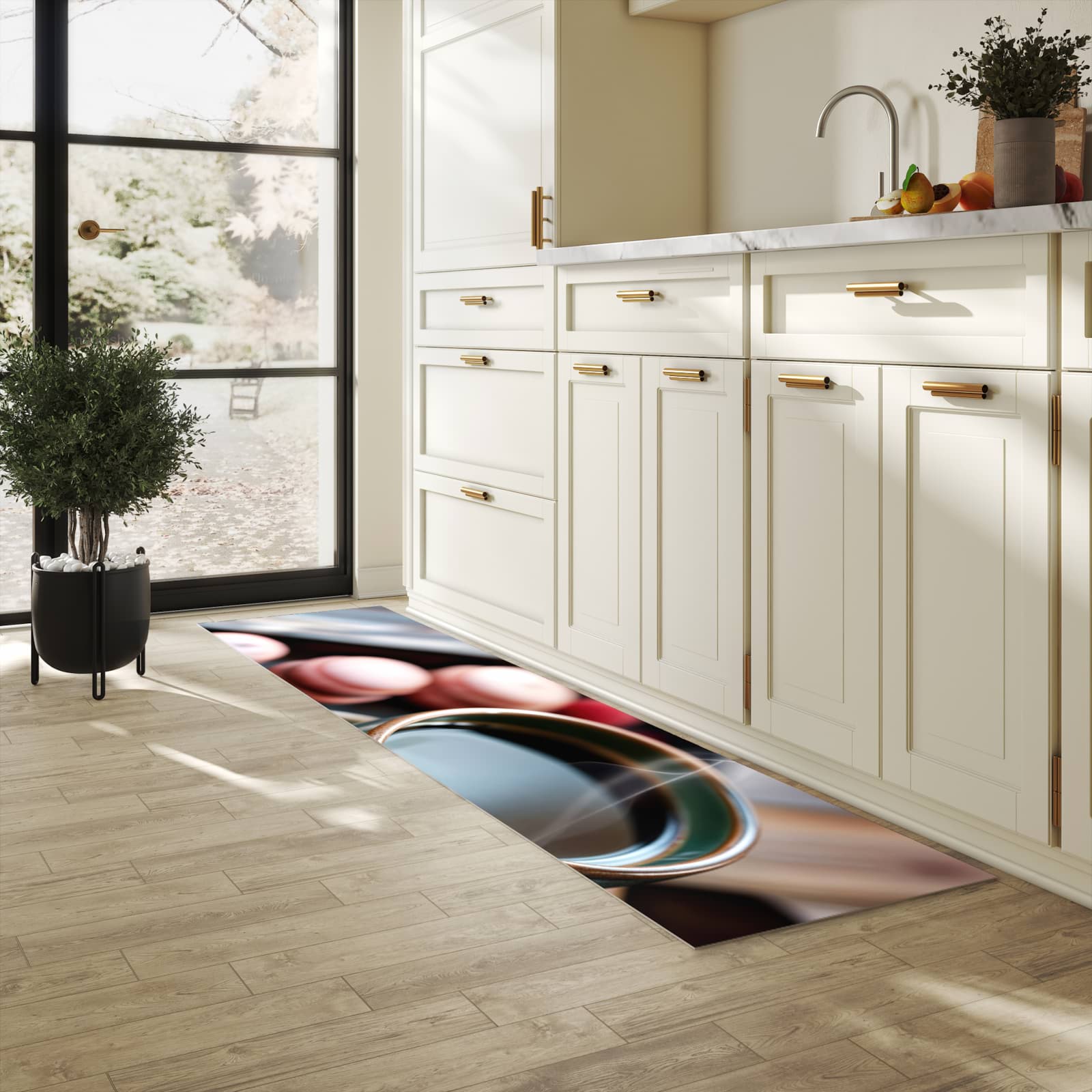 Bodenschonender waschbarer Küchenteppich mit Motiv Kaffeepause Macarons in heller Küche