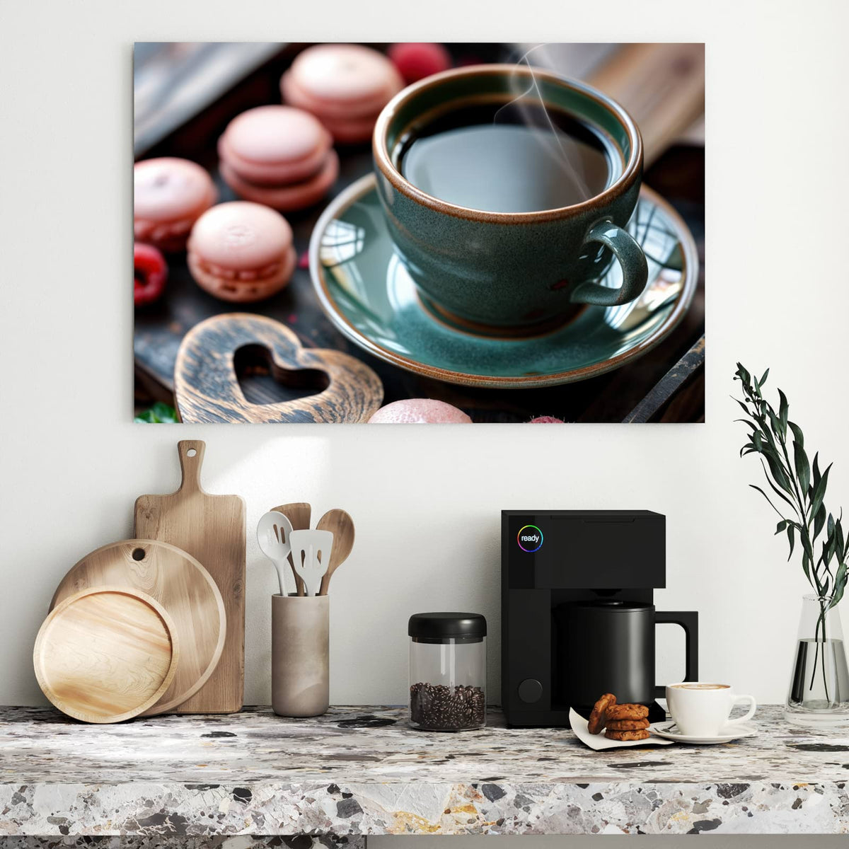 Metall Magnettafel - Kaffee mit Macarons – Grüne Kaffeetasse mit rosa Macarons