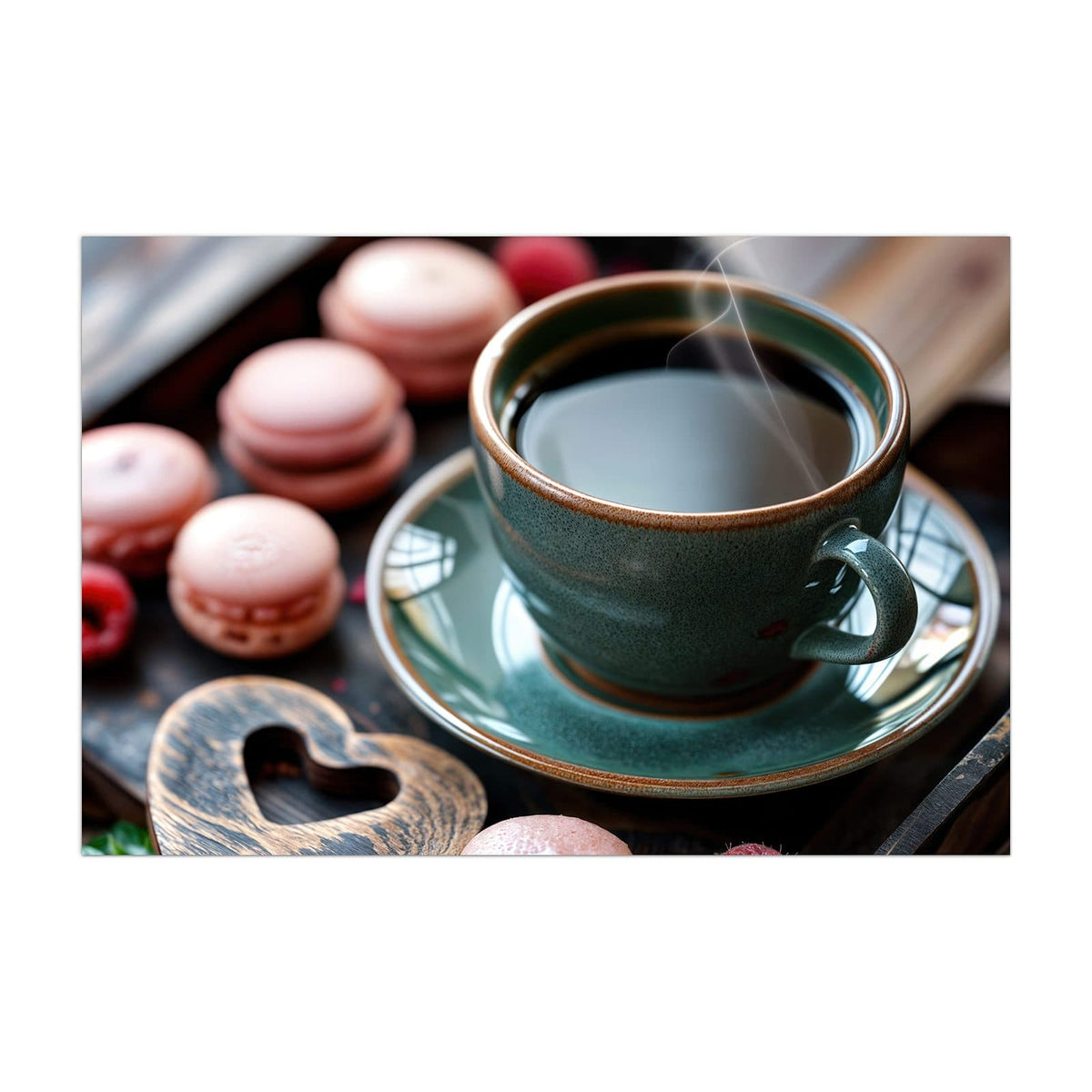 Küchenrückwand aus Glas Kaffee mit Macarons im Hochformat, Motiv bildfüllend von vorn
