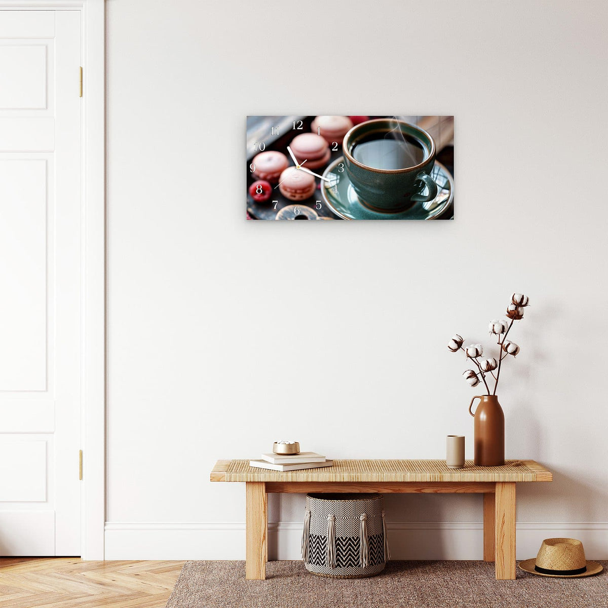 Moderne Wanduhr aus Glas mit Farbtiefe – Wanduhr Kaffeepause Macarons aus Glas – Querformat 60 × 30 cm