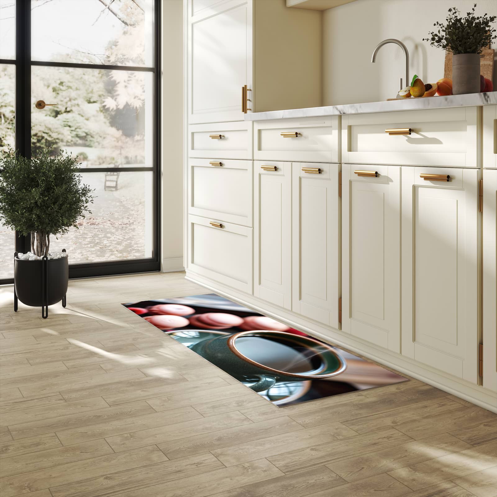 Rutschfester Küchenteppich mit Motiv Kaffeepause Macarons in heller Küche schützt den Boden