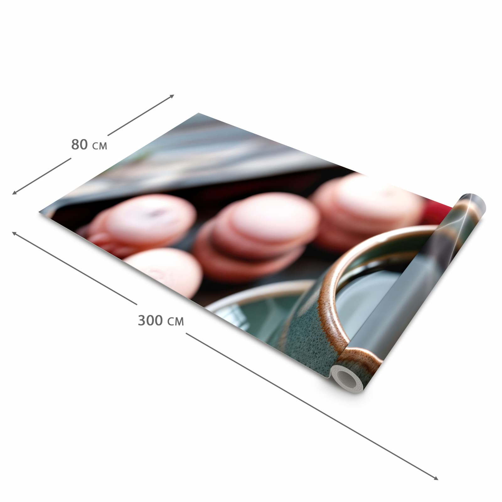 Geräuschdämpfender waschbarer Küchenteppich mit Motiv Kaffeepause Macarons in der Größe 80x200 cm