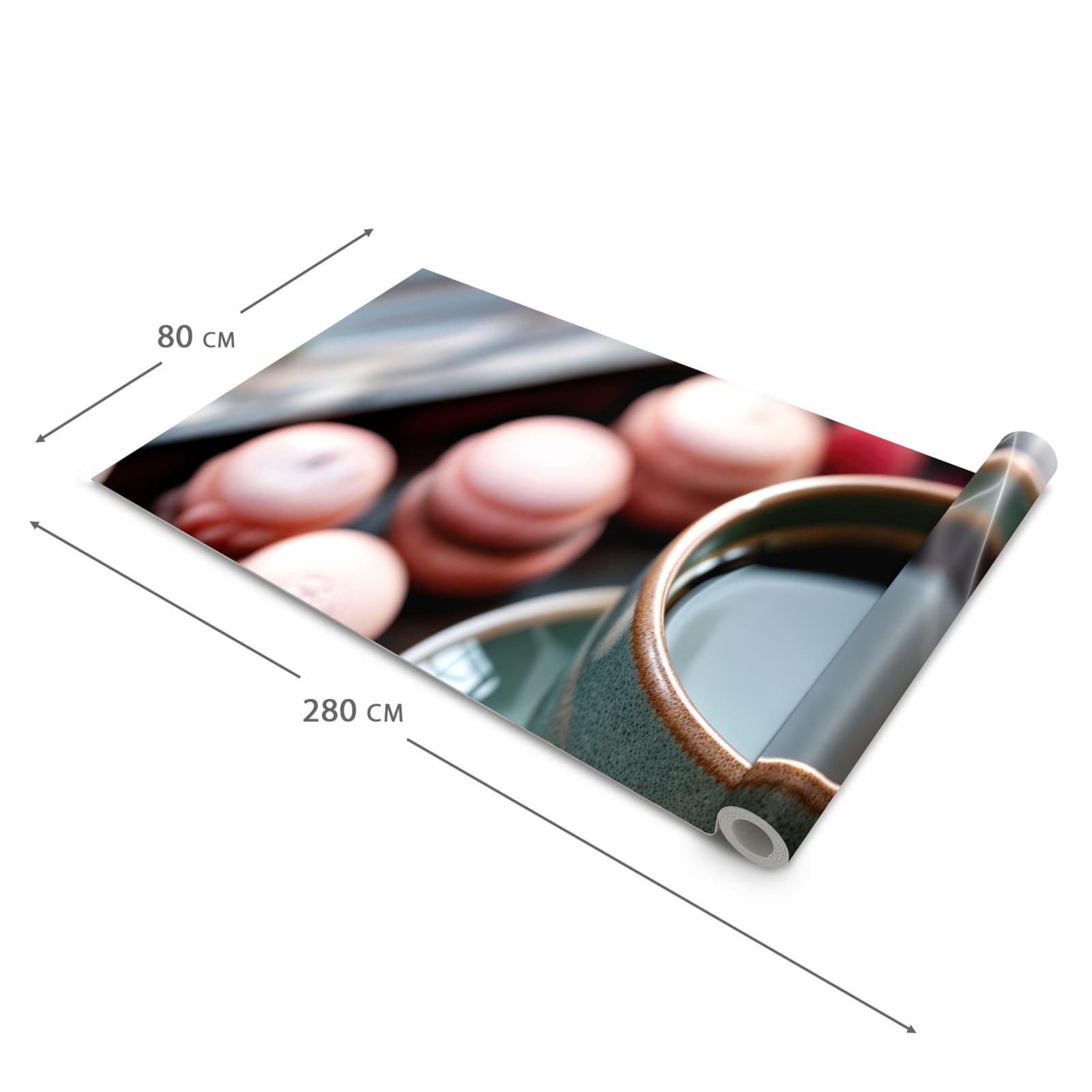 Zeitsparender waschbarer Küchenteppich mit Motiv Kaffeepause Macarons in der Grösse 80x200 cm