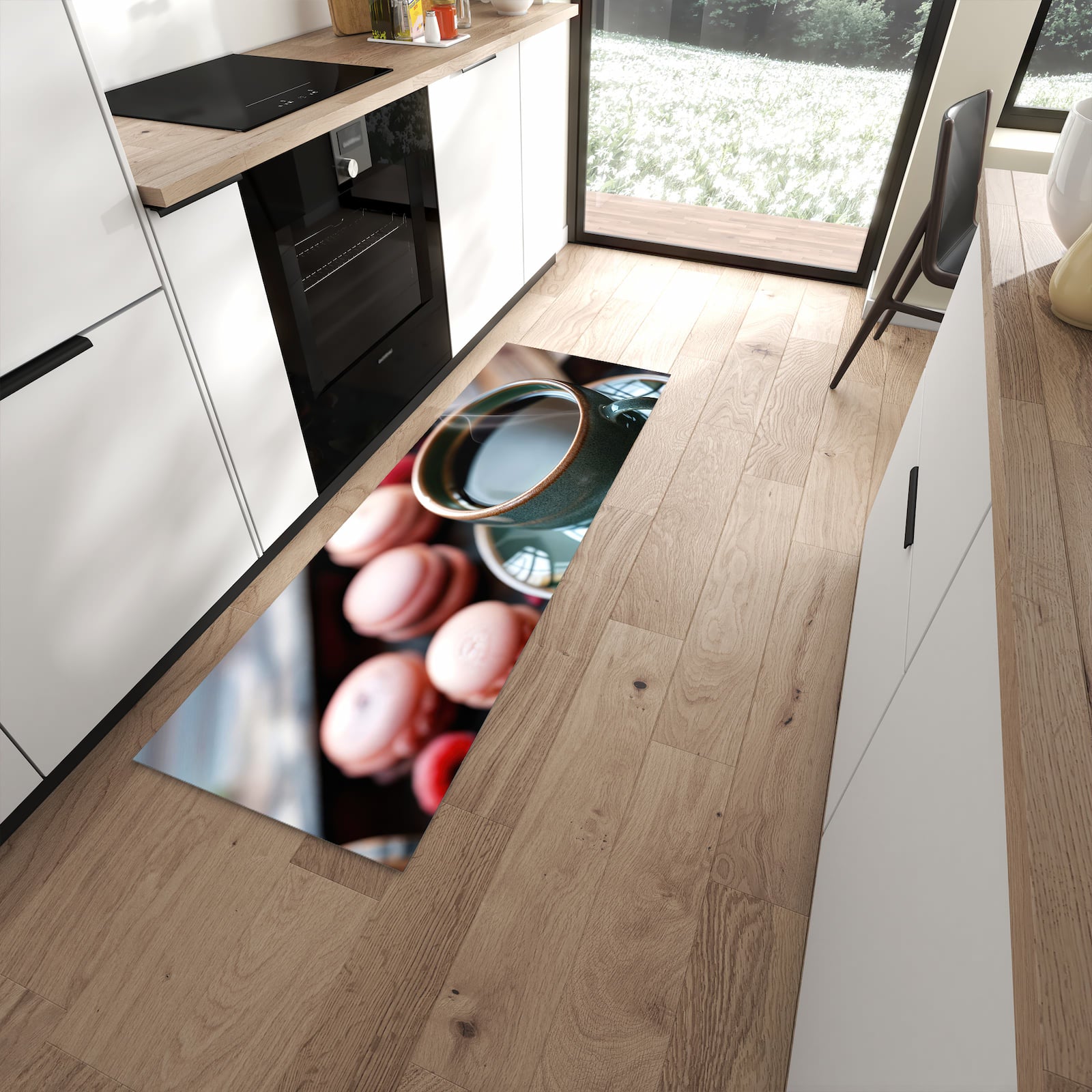 Fleckenresistenter waschbarer Küchenteppich mit Motiv Kaffeepause Macarons in moderner Küche