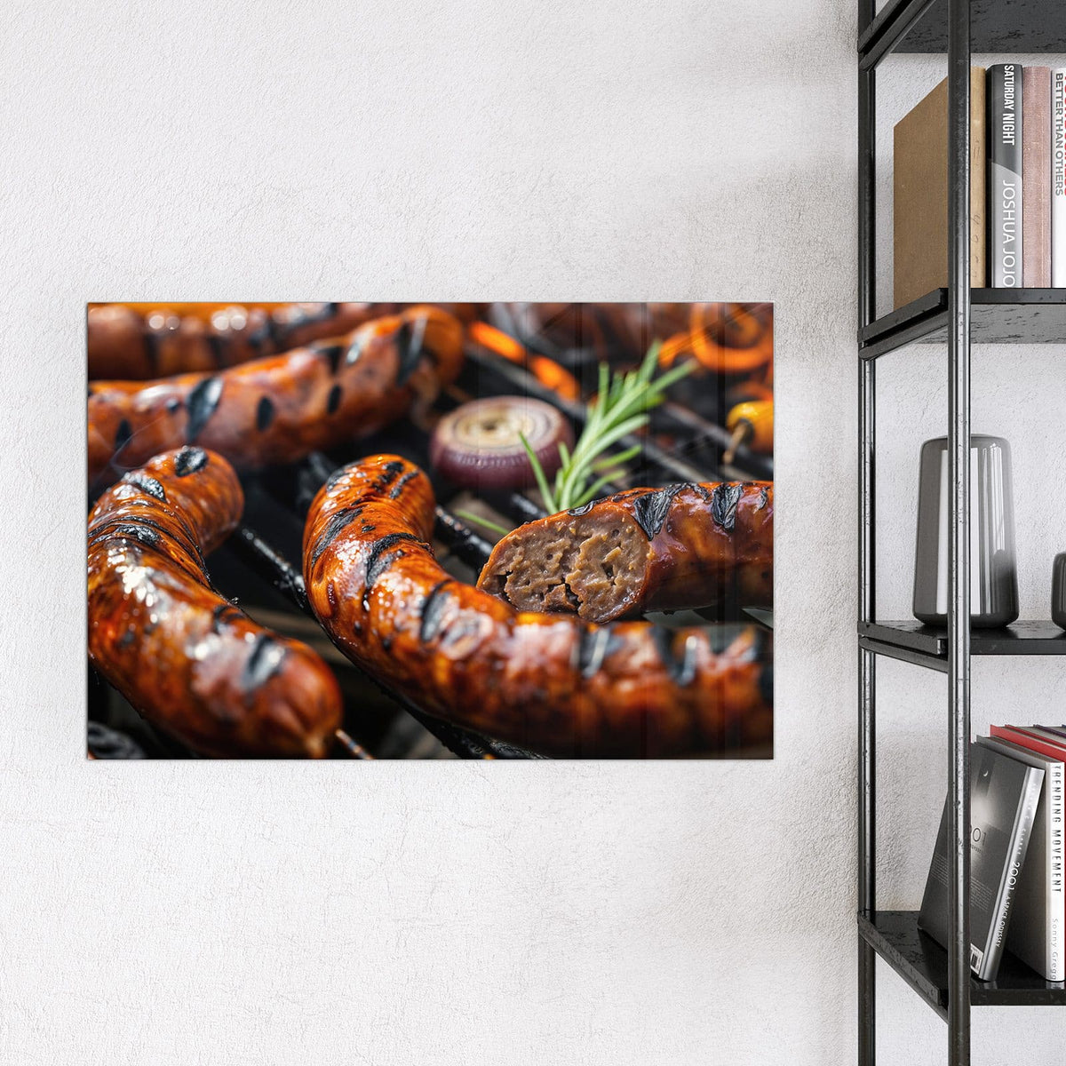 Magnettafel - Bratwurst vom Grill – Bratwürste mit Grillstreifen auf dem Rost