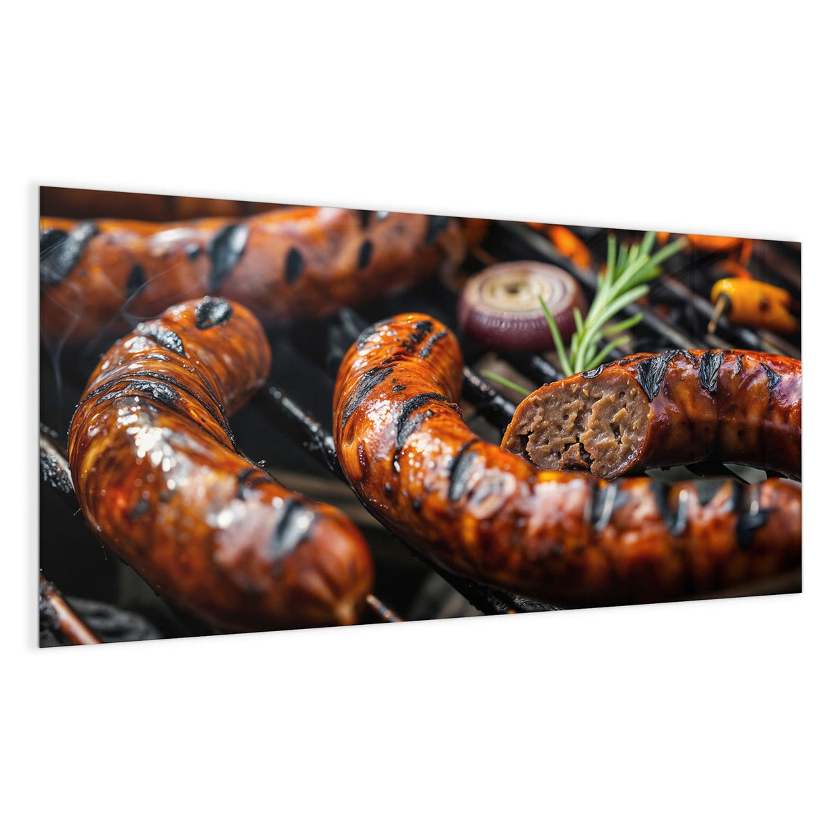 Glänzende Bratwürste mit Grillstreifen auf dem Rost, eine angeschnitten, dazu Rosmarin und eine Zwiebelscheibe.