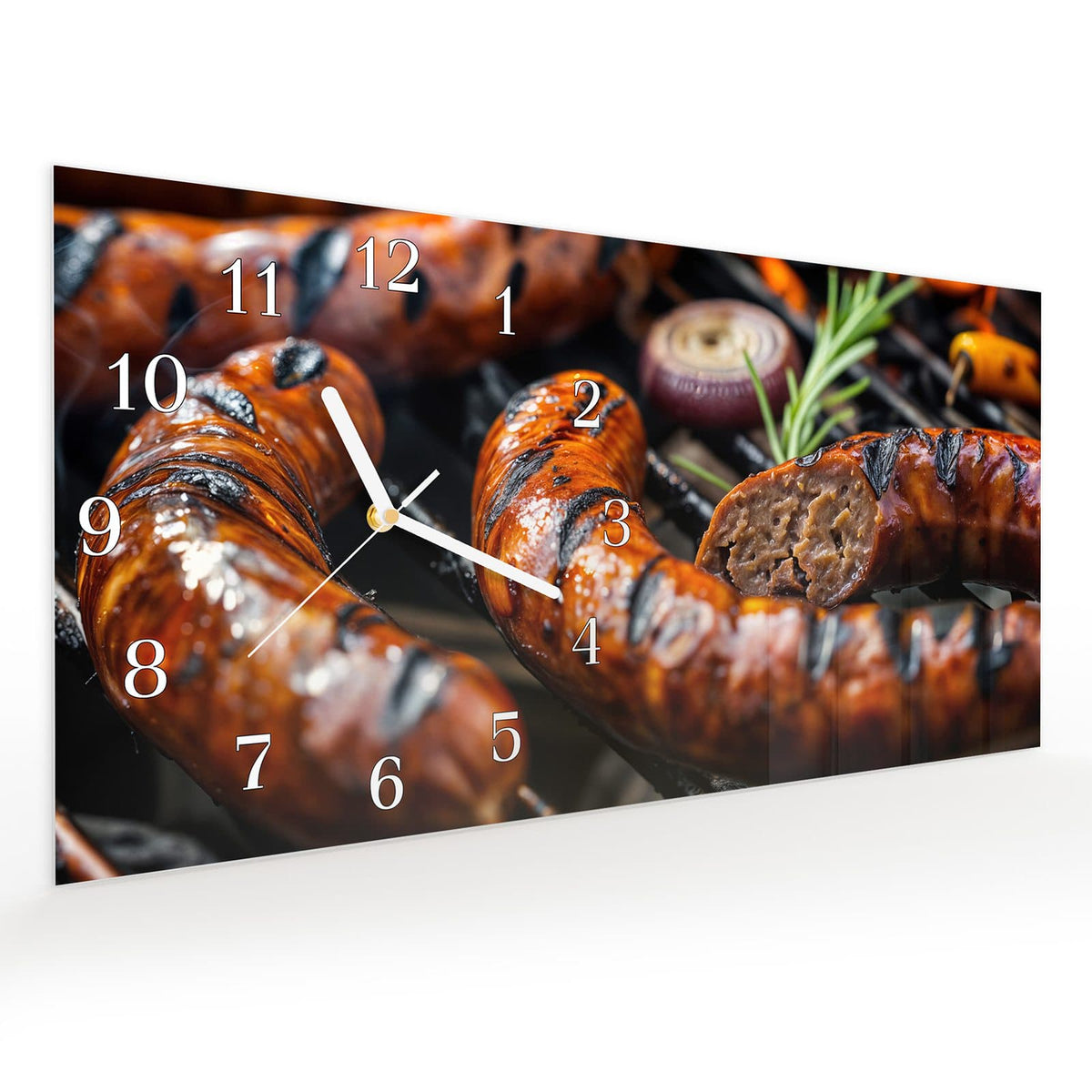 Vormontiert – mit Schwebeeffekt – Wanduhr Grillwurst BBQ aus Glas – Querformat 60 × 30 cm