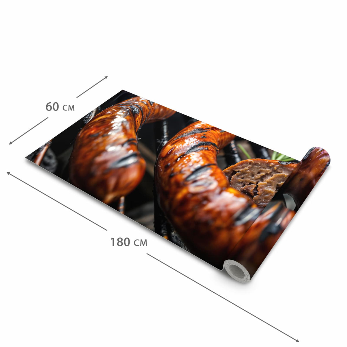 Geruchsneutraler Küchenläufer mit Motiv Grillwurst B B Q in der Grösse 60x90 cm