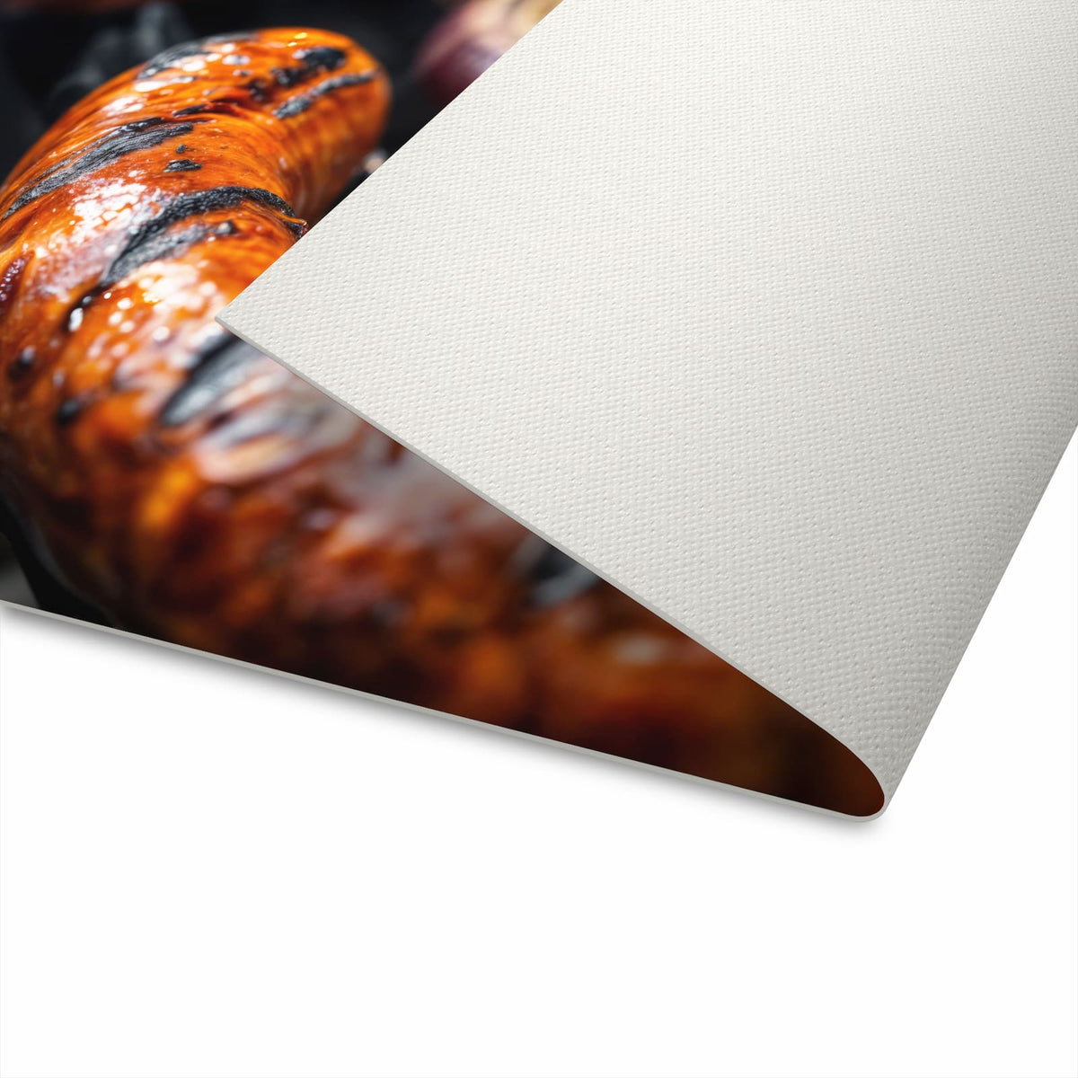 Abriebfester moderner Küchenläufer mit Motiv Grillwurst B B Q in der Unterseite