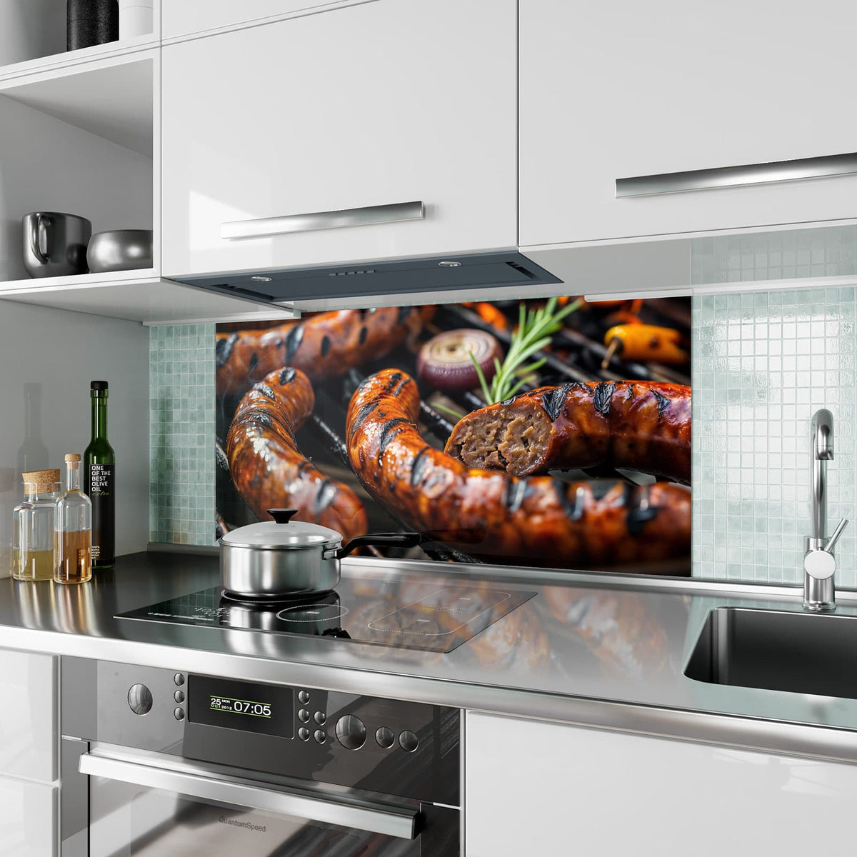 Küchenrückwand aus Glas Bratwurst vom Grill im Hochformat als Spritzschutz hinter dem Kochfeld, über dem Fliesenspiegel montiert