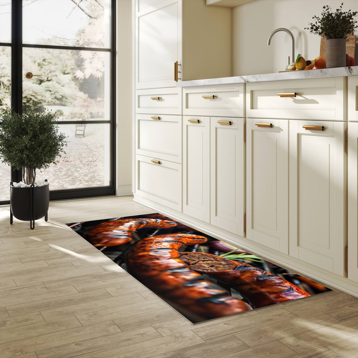 Waschbarer Teppich fürs Esszimmer mit Motiv Grillwurst B B Q in heller Küche