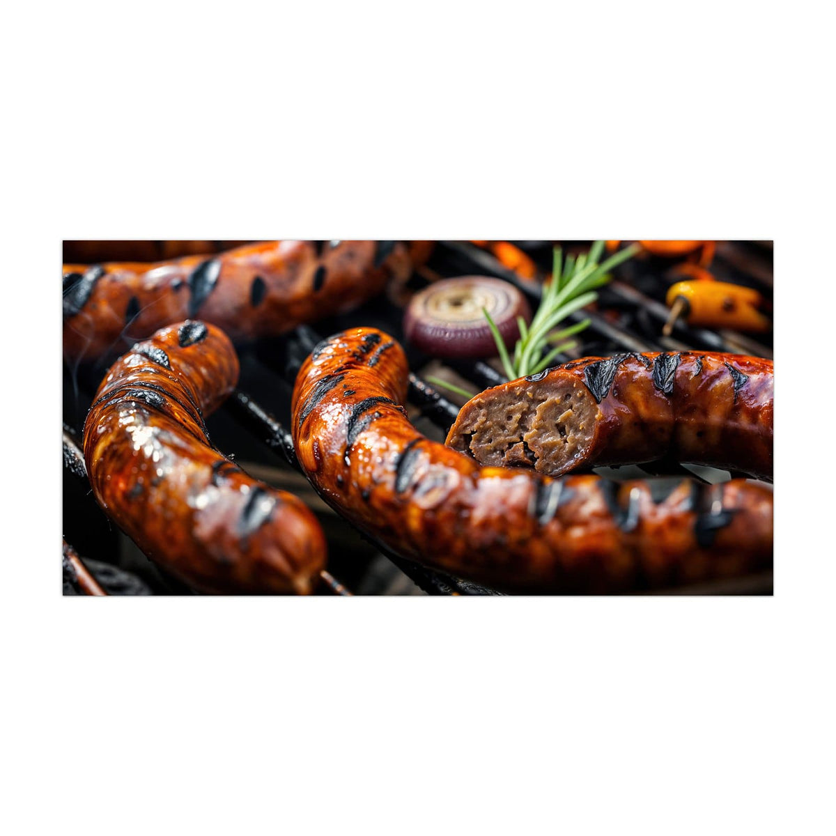 Küchenrückwand aus Glas Bratwurst vom Grill im Hochformat, Motiv bildfüllend von vorn
