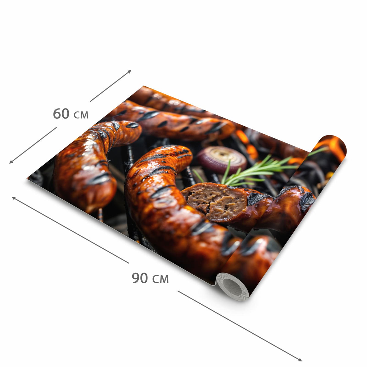 Komfortabler langer Teppich mit Motiv Grillwurst B B Q in der Grösse 60x90 cm