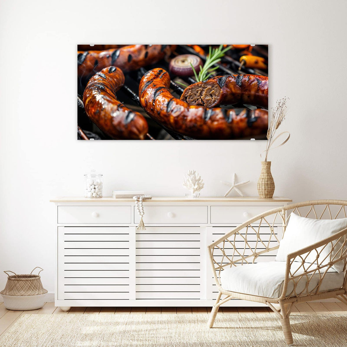 Echtglas, 4 mm – kein Acryl, keine Folie – Wandbild - Bratwurst vom Grill - Querformat